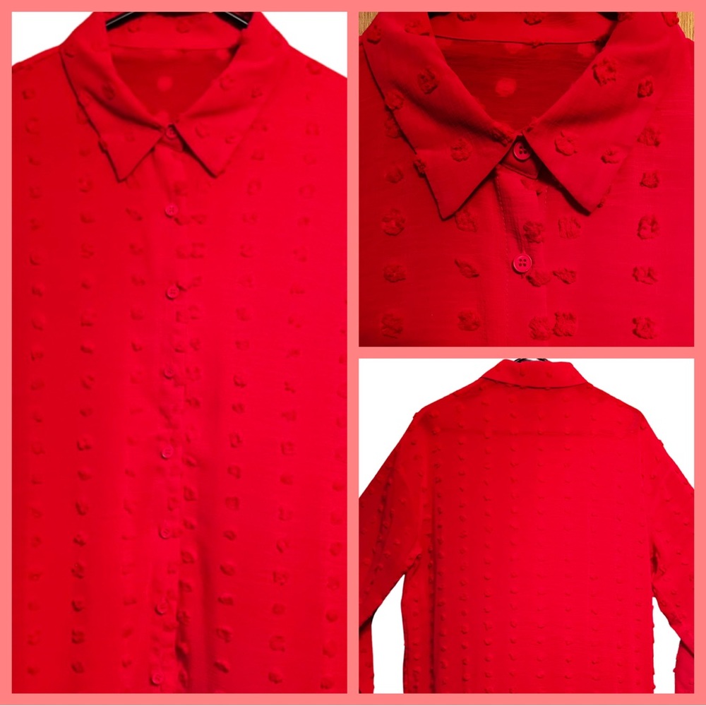 Swiss Dot Chiffon Fabric Red Long Sleeve Women’s Blouse-XL